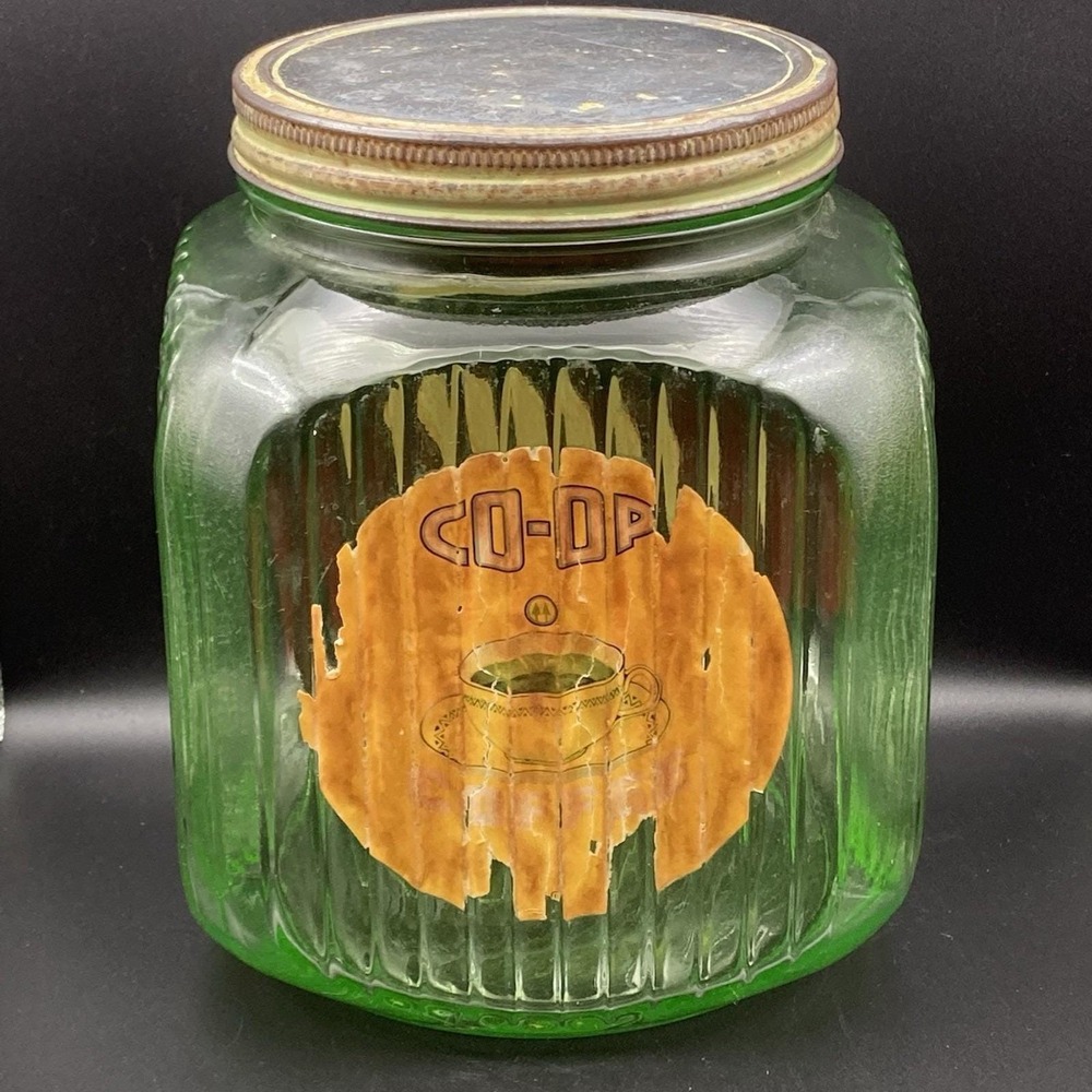 Vtg Anchor Hocking Jar Hoosier Ribbed Green Uranium Co-Op Coffee Sugar Label #2
